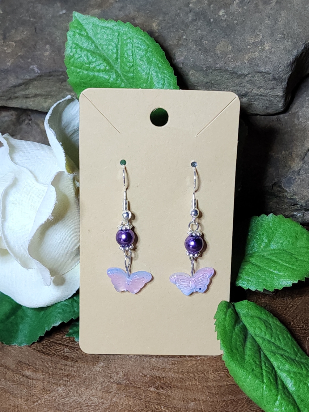 Dangle Earrings With Faux Purple Pearls & Gradient Purple And Blue Butterflies